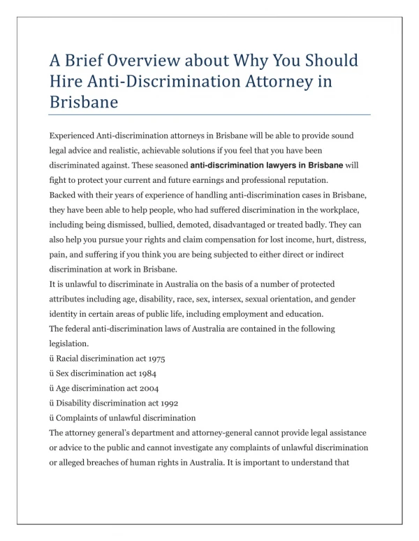 A Brief Overview about Why You Should Hire Anti-Discrimination Attorney in Brisbane