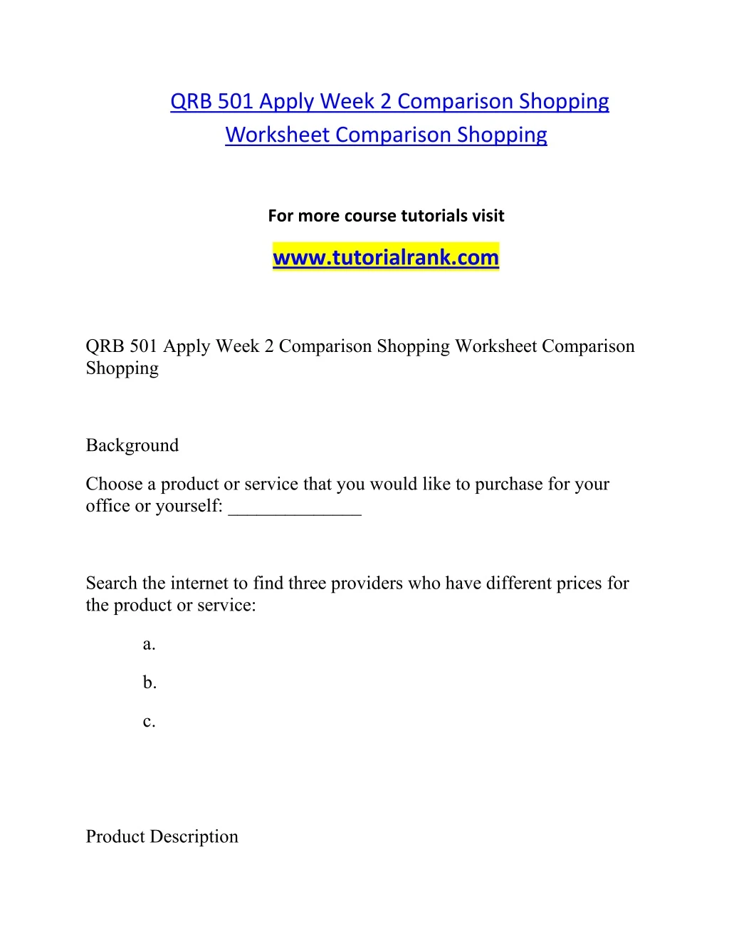qrb 501 apply week 2 comparison shopping