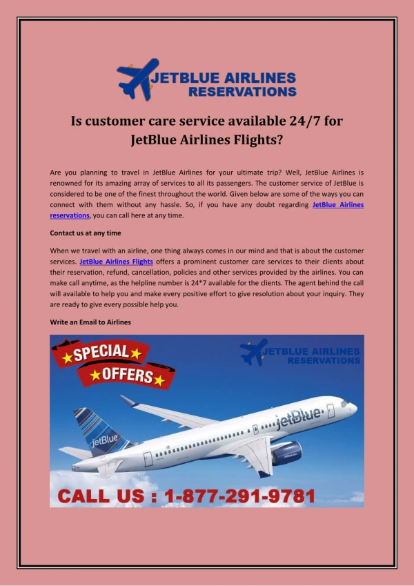 Is customer care service available 24/7 for JetBlue Airlines Flights?