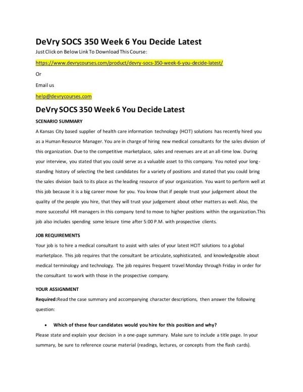 DeVry SOCS 350 Week 6 You Decide Latest