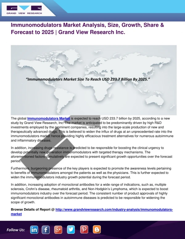 Immunomodulators Market Size, Share, Growth and Forecast to 2025 | Grand View Research