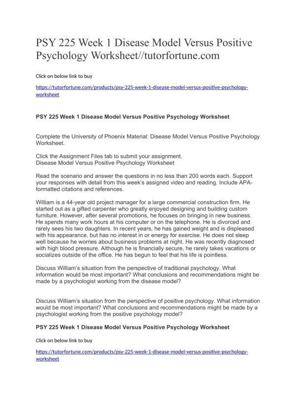 PSY 225 Week 1 Disease Model Versus Positive Psychology Worksheet//tutorfortune.com