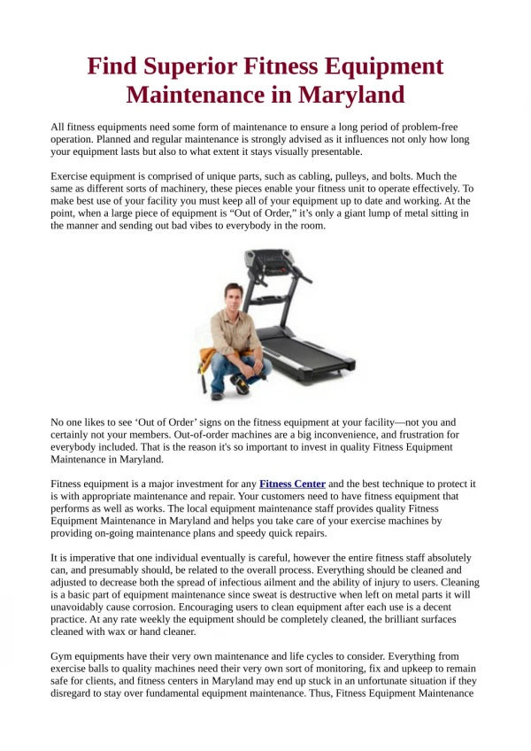 Fitness Equipment Maintenance Support Services In Maryland