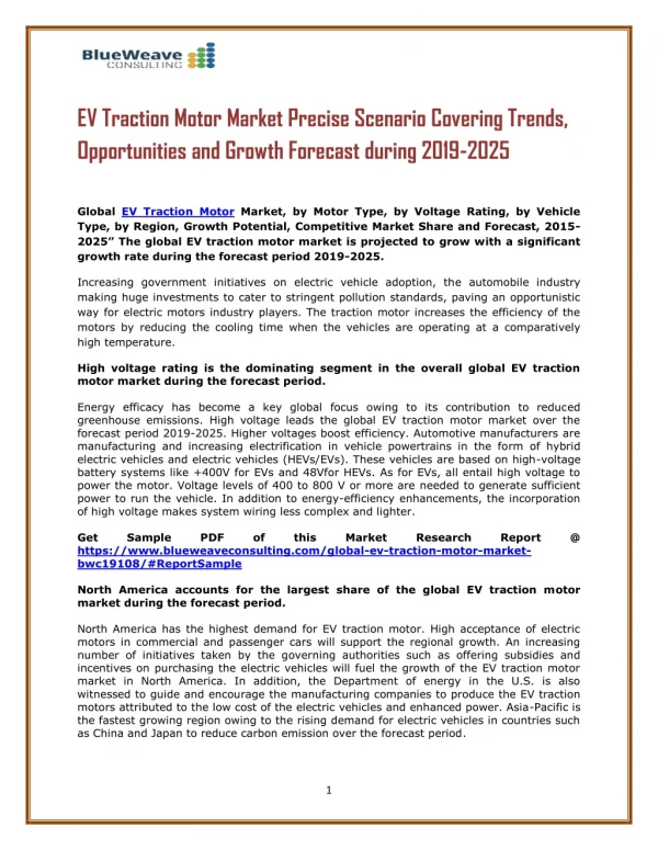 EV Traction Motor Market Precise Scenario Covering Trends, Opportunities and Growth Forecast during 2019-2025