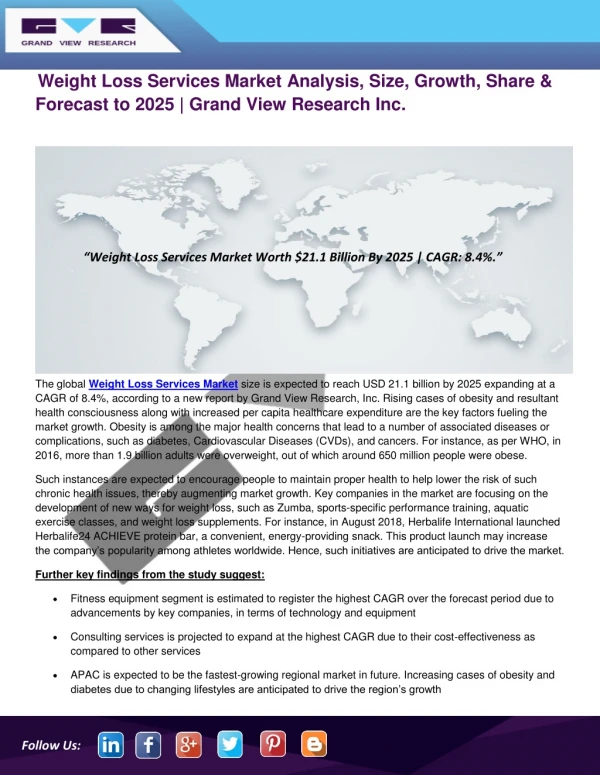 Weight Loss Services Market Size, Share, Growth and Forecast to 2025 | Grand View Research