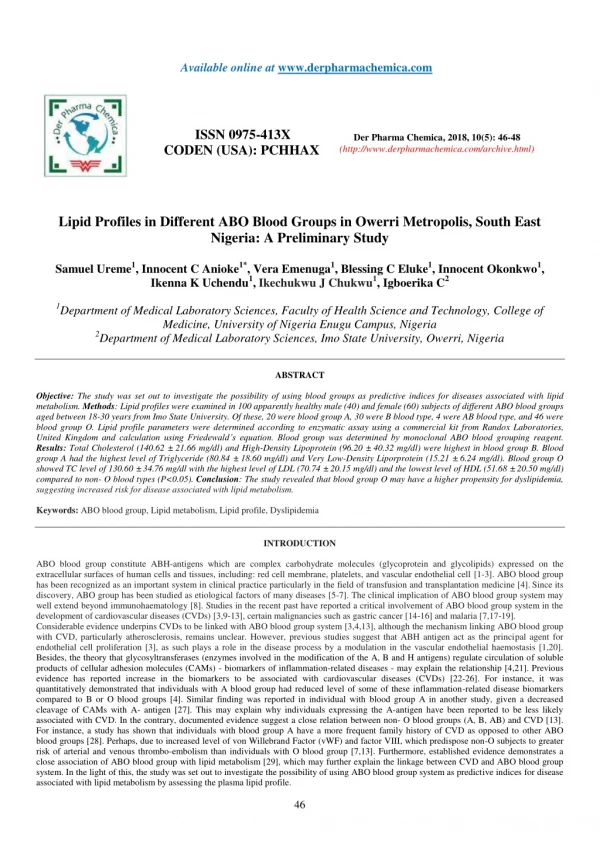 Lipid Profiles in Different ABO Blood Groups in Owerri Metropolis, South East Nigeria: A Preliminary Study