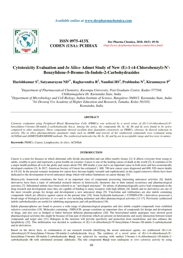 Cytotoxicity Evaluation and In Silico Admet Study of New (E)-1-(4-Chlorobenzyl)-N'- Benzylidene-5-Bromo-1h-Indole-2-Carb