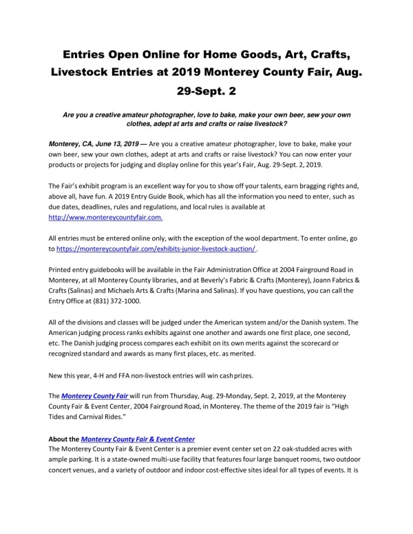 Entries Open Online for Home Goods, Art, Crafts, Livestock Entries at 2019 Monterey County Fair