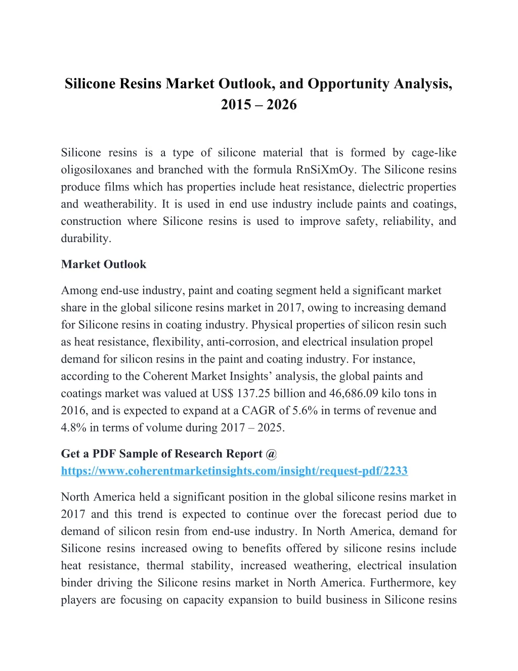 silicone resins market outlook and opportunity