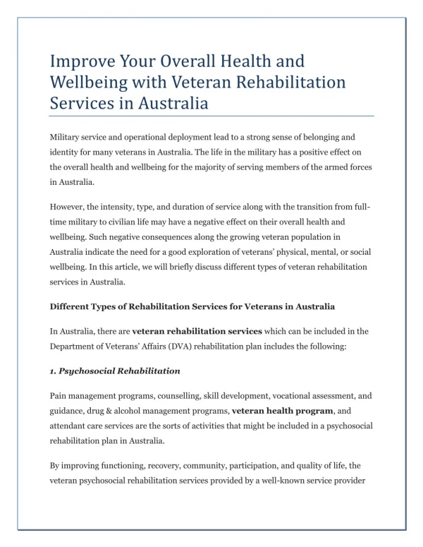Improve Your Overall Health and Wellbeing with Veteran Rehabilitation Services in Australia