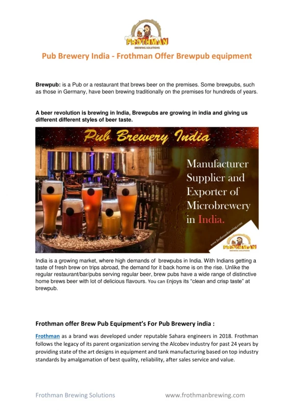 Pub Brewery India - Frothman Offer Brewpub equipment