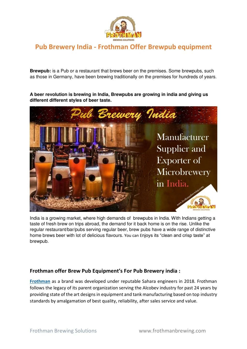 pub brewery india frothman offer brewpub equipment