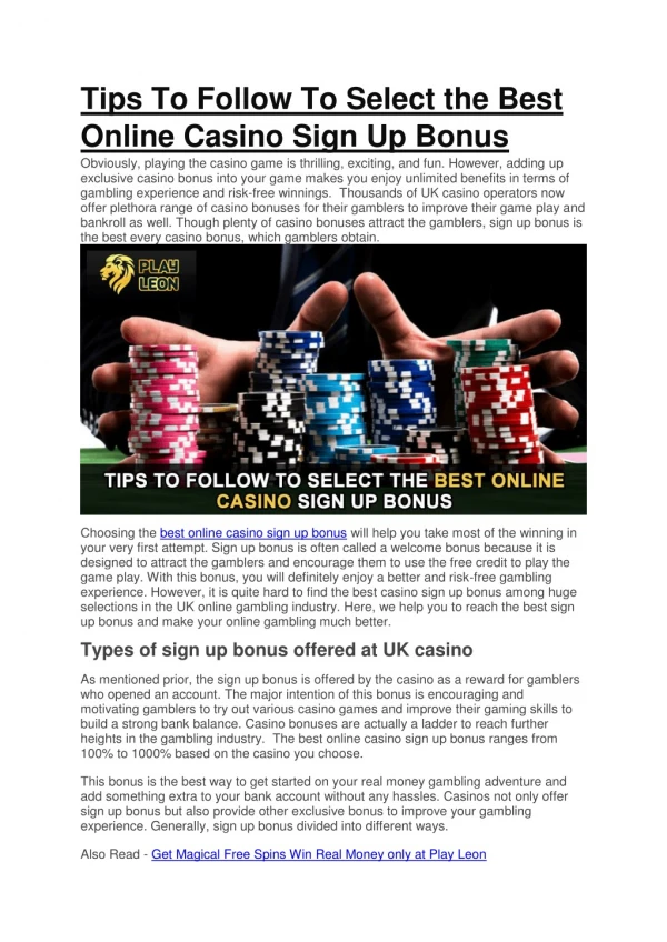 Tips To Follow To Select the Best Online Casino Sign Up Bonus