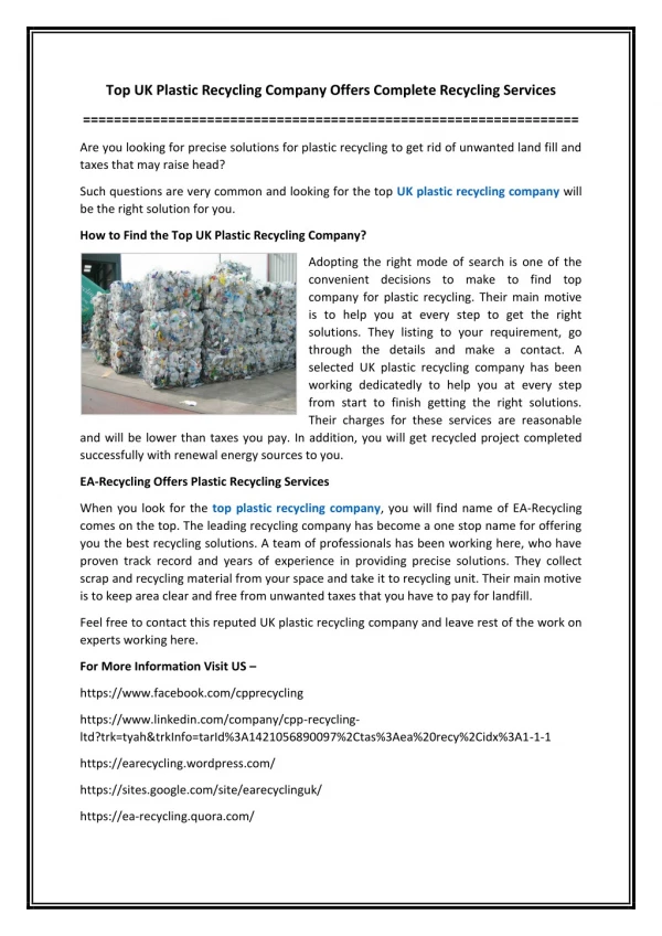 Top UK Plastic Recycling Company Offers Complete Recycling Services