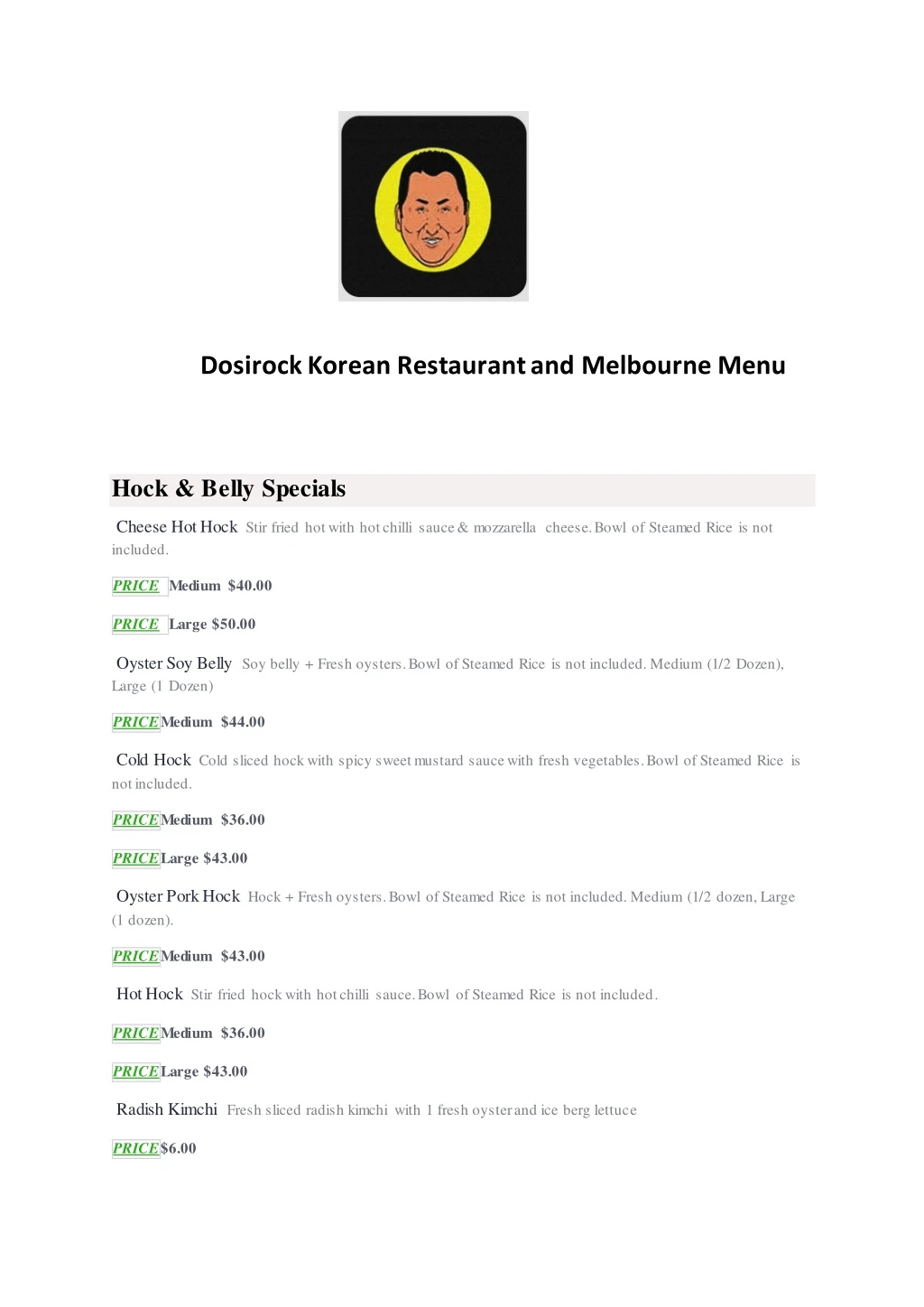 dosirock korean restaurant and melbourne menu