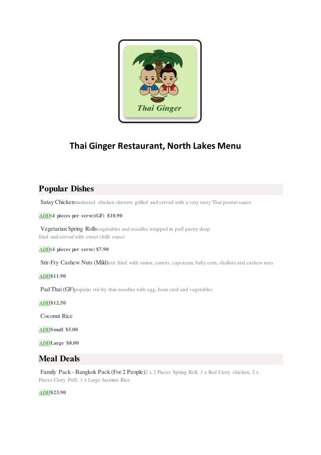 thai ginger restaurant north lakes menu popular