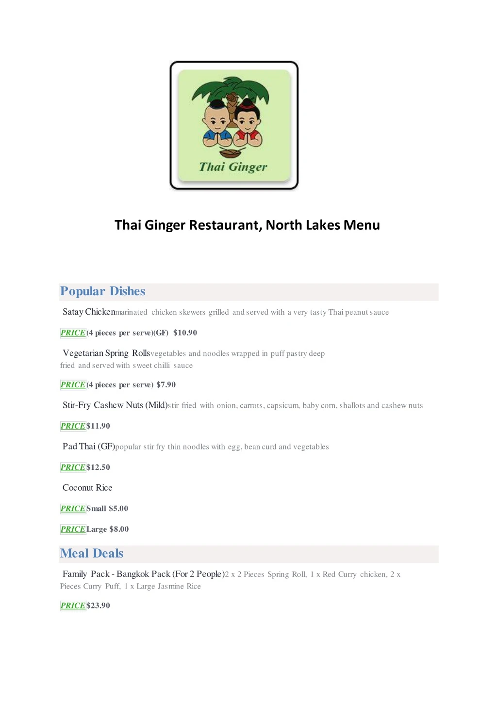 thai ginger restaurant north lakes menu popular
