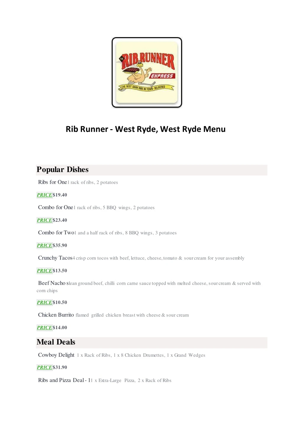 rib runner west ryde west ryde menu popular dishes