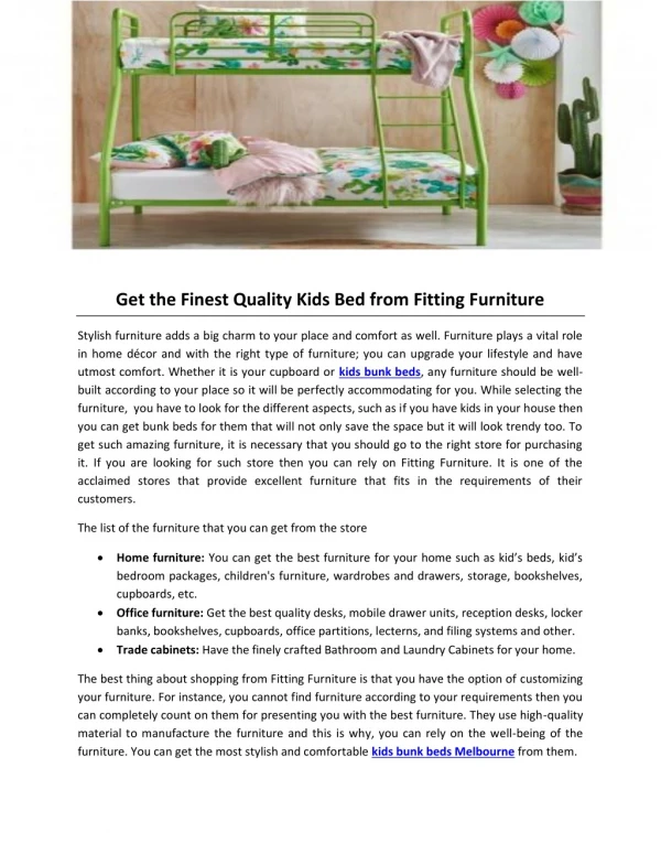 Get the Finest Quality Kids Bed from Fitting Furniture