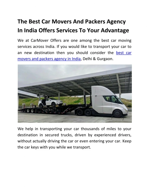 The Best Car Movers And Packers Agency In India Offers Services To Your Advantage