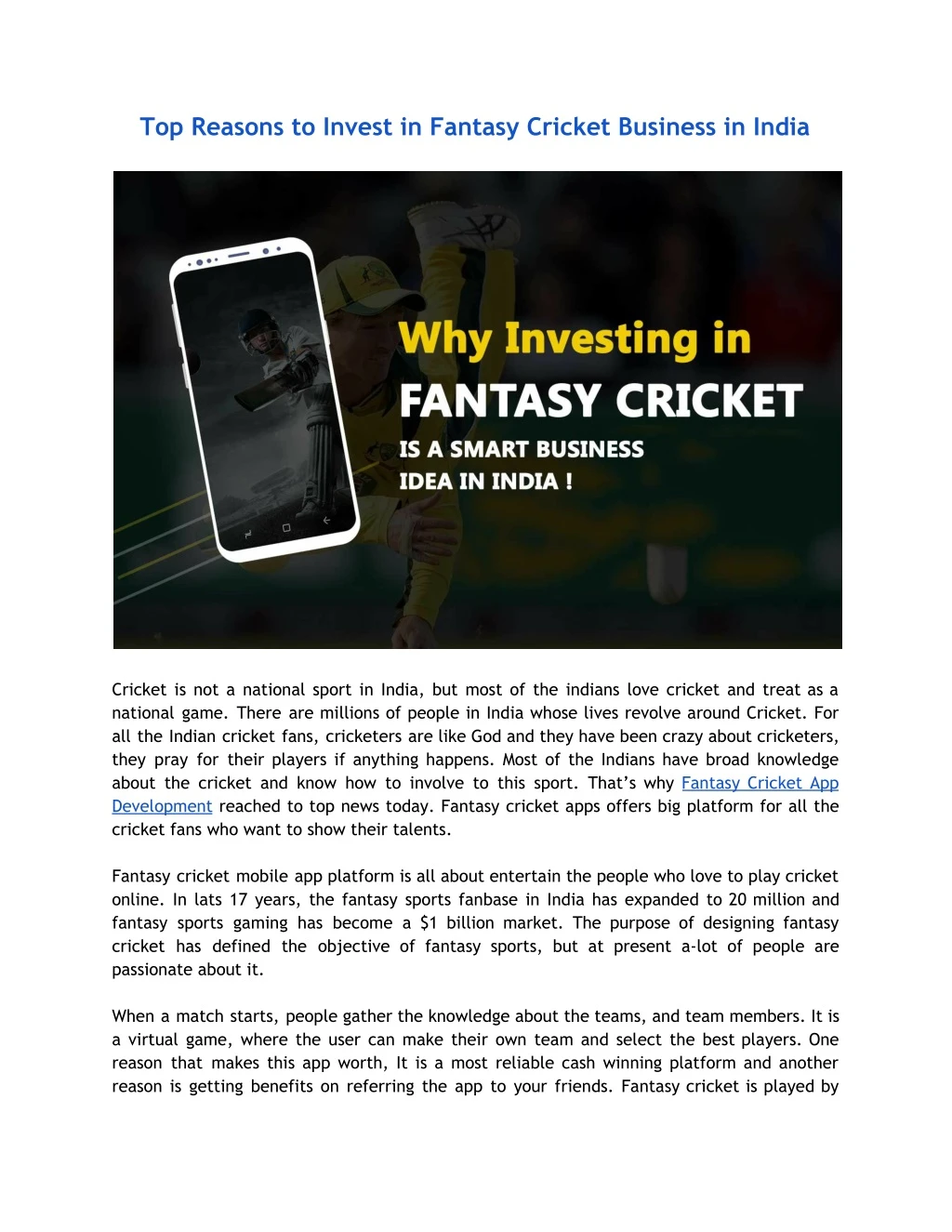 top reasons to invest in fantasy cricket business