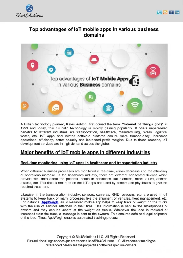 Top Advantage of IoT Mobile Apps in Various Business Domains