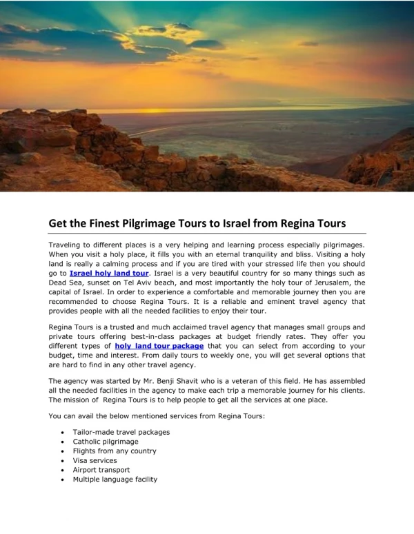 Get the Finest Pilgrimage Tours to Israel from Regina Tours