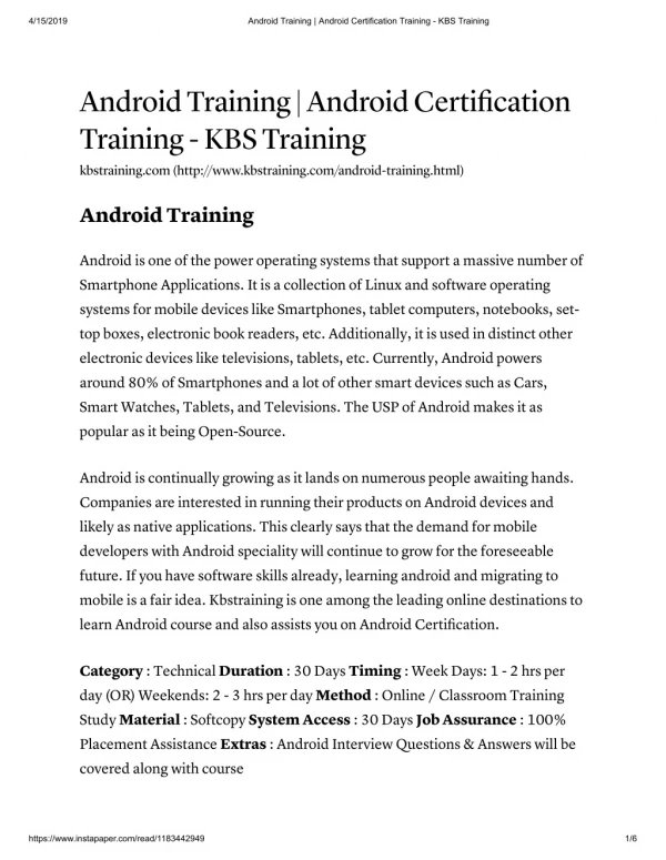 Android online Training at KBS Training