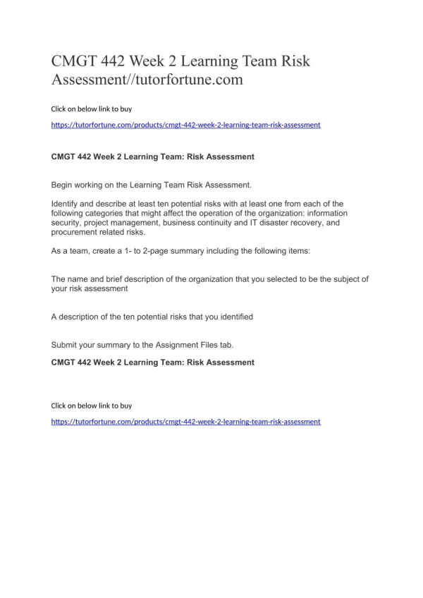 CMGT 442 Week 2 Learning Team Risk Assessment//tutorfortune.com