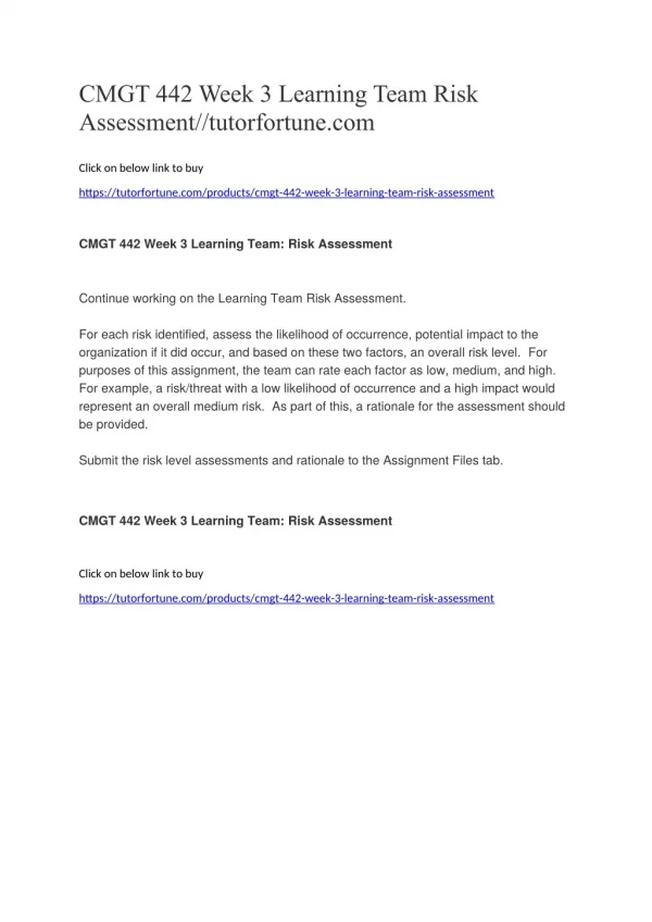 CMGT 442 Week 3 Learning Team Risk Assessment//tutorfortune.com