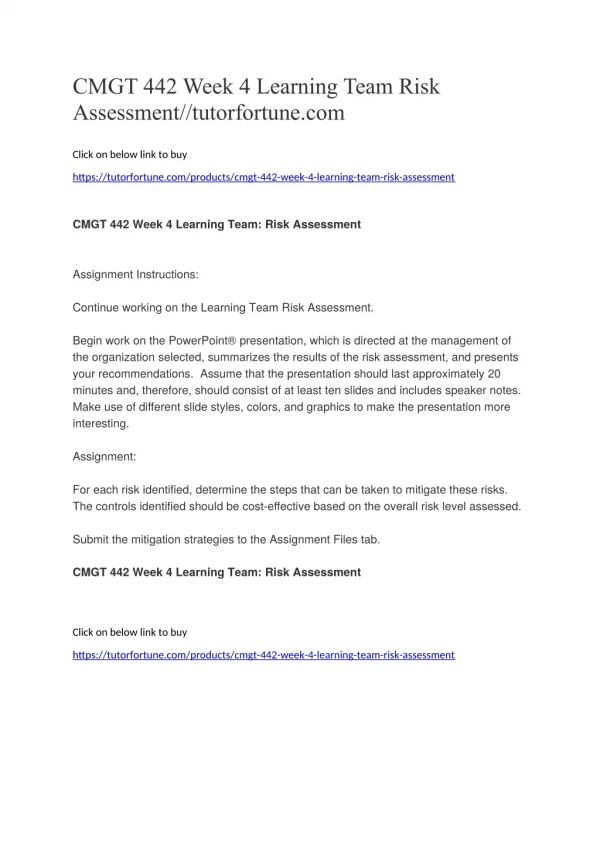 CMGT 442 Week 4 Learning Team Risk Assessment//tutorfortune.com