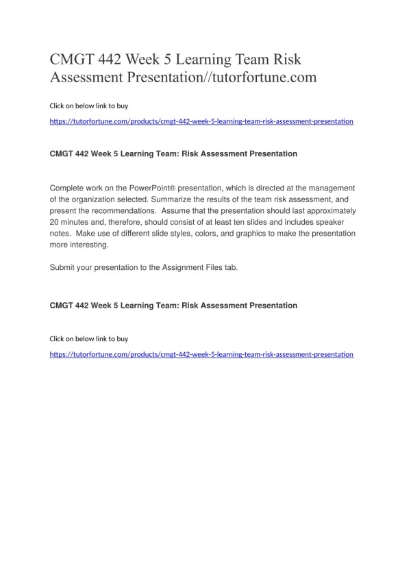 CMGT 442 Week 5 Learning Team Risk Assessment Presentation//tutorfortune.com