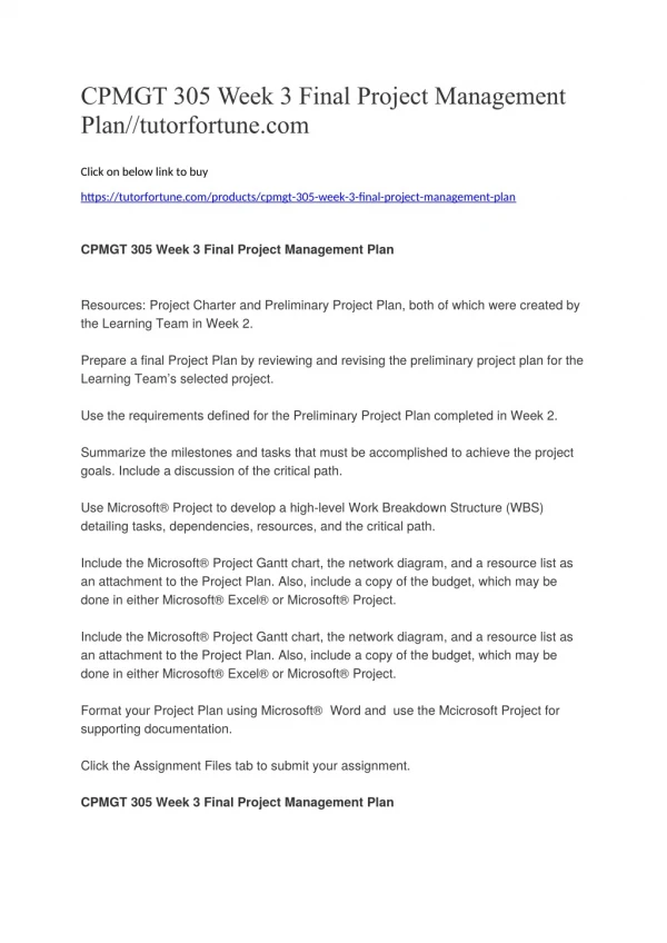 CPMGT 305 Week 3 Final Project Management Plan//tutorfortune.com