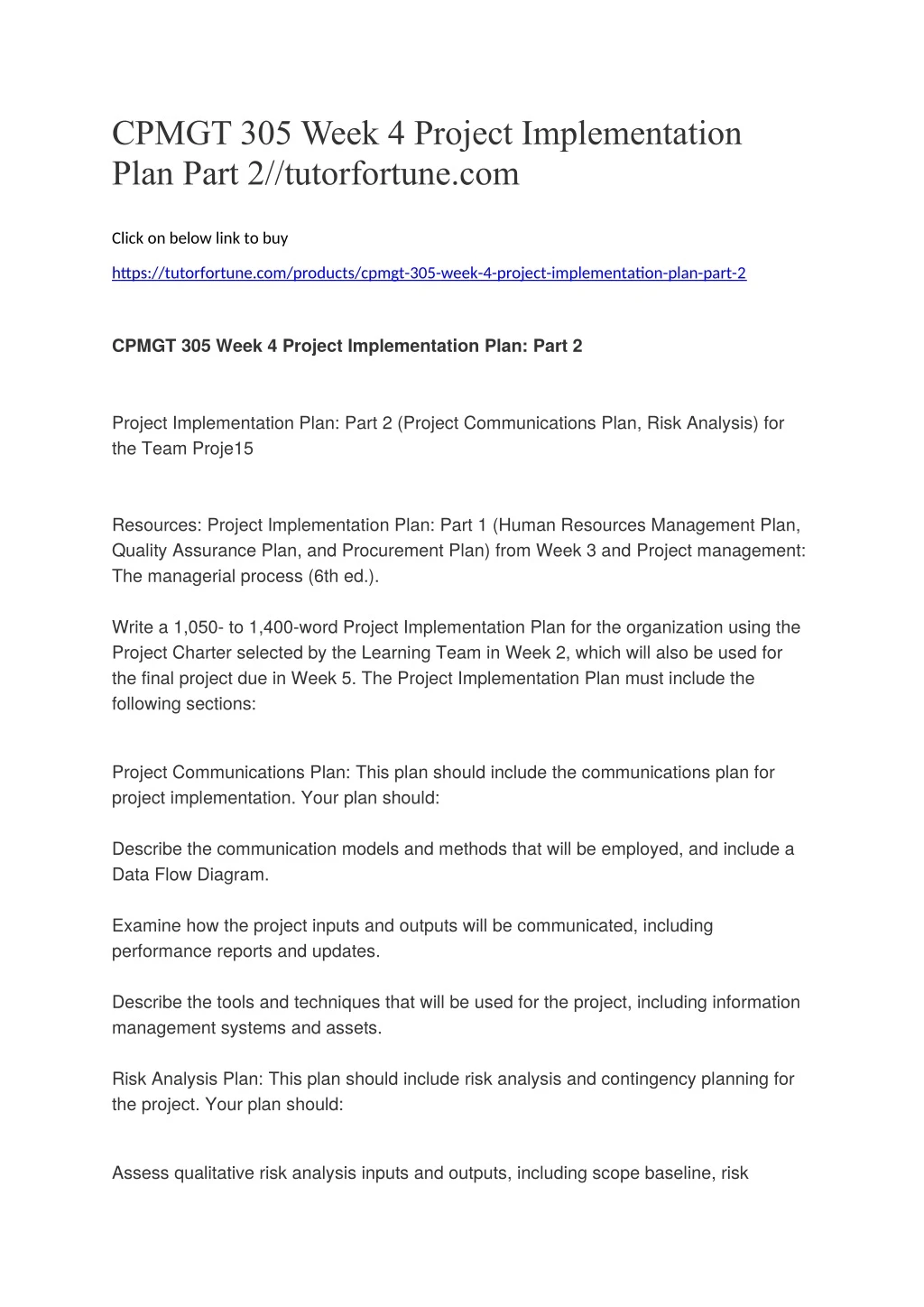 cpmgt 305 week 4 project implementation plan part