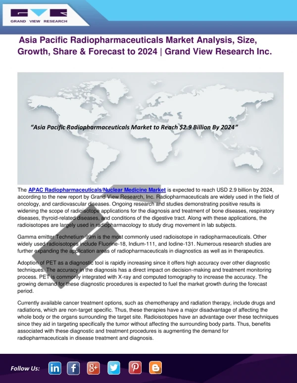 Asia Pacific Radiopharmaceuticals Market to Reach $2.9 Billion By 2024