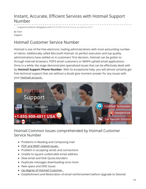 Instant, Accurate, Efficient Services with Hotmail Support Number