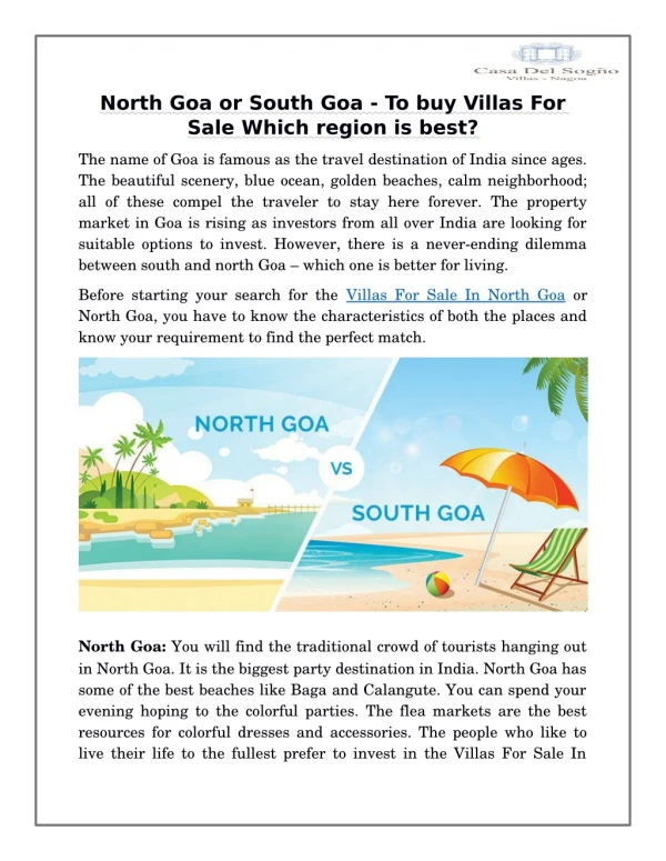 North Goa or South Goa - To buy Villas For Sale which region is best?