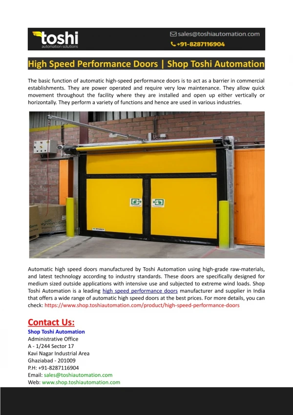 High Speed Performance Doors-Shop Toshi Automation