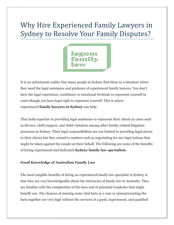 Why Hire Experienced Family Lawyers in Sydney to Resolve Your Family Disputes?