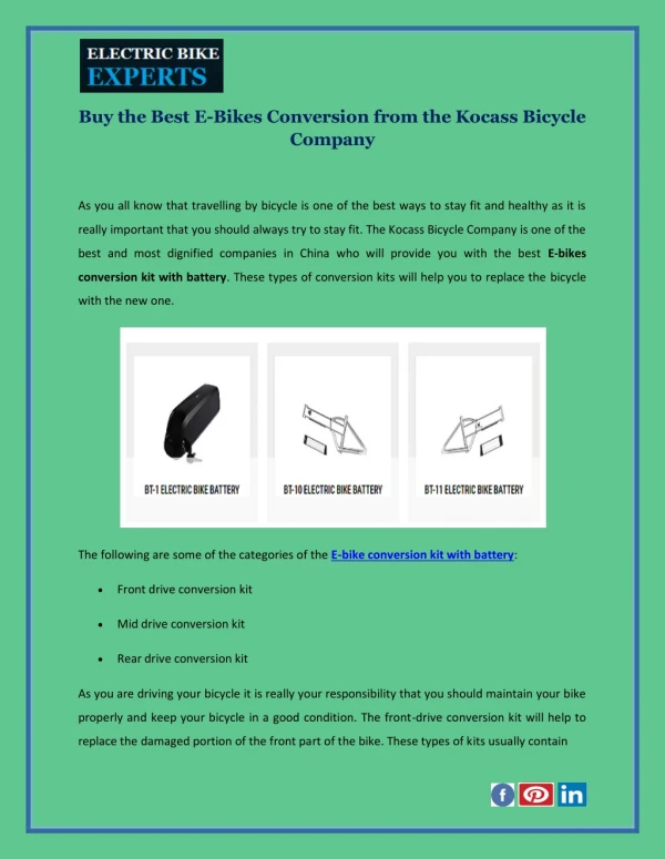 Buy the Best E-Bikes Conversion from the Kocass Bicycle Company