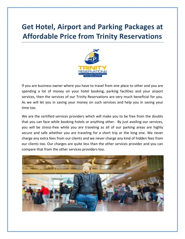 Get Hotel, Airport and Parking Packages at Affordable Price from Trinity Reservations