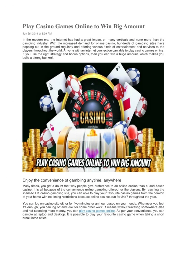 Play Casino Games Online to Win Big Amount