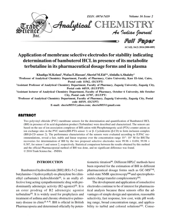 Application of membrane selective electrodesfor stability indicating determination of bambuterol HCLin presence of its m