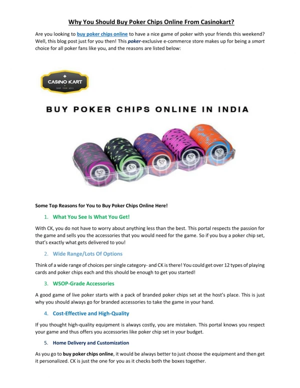 Why You Should Buy Poker Chips Online From Casinokart?