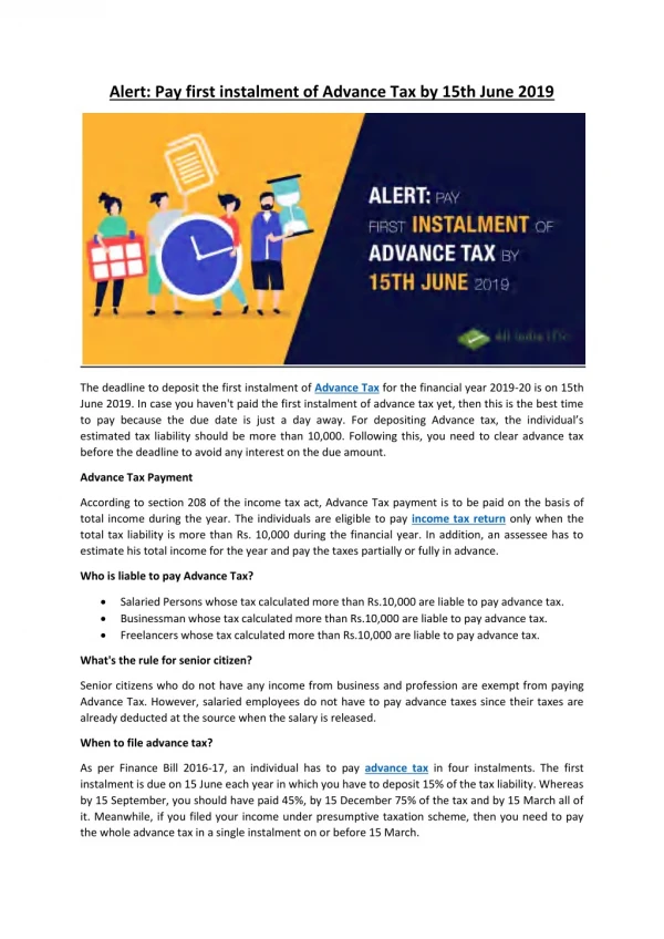 Pay first instalment of Advance Tax by 15th June 2019