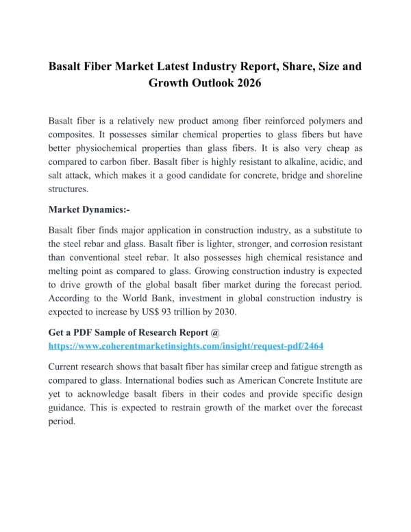 Basalt Fiber Market Future Demand, Market Analysis and Outlook to 2026