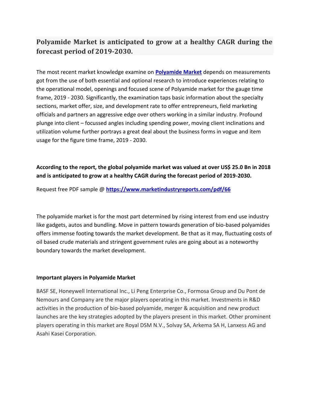 polyamide market is anticipated to grow