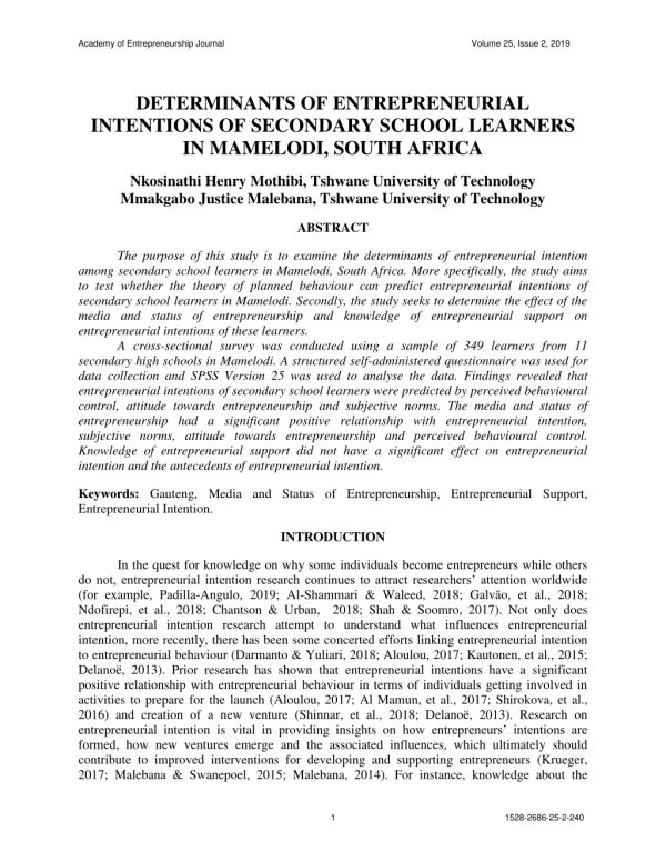 DETERMINANTS OF ENTREPRENEURIAL INTENTIONS OF SECONDARY SCHOOL LEARNERS IN MAMELODI, SOUTH AFRICA