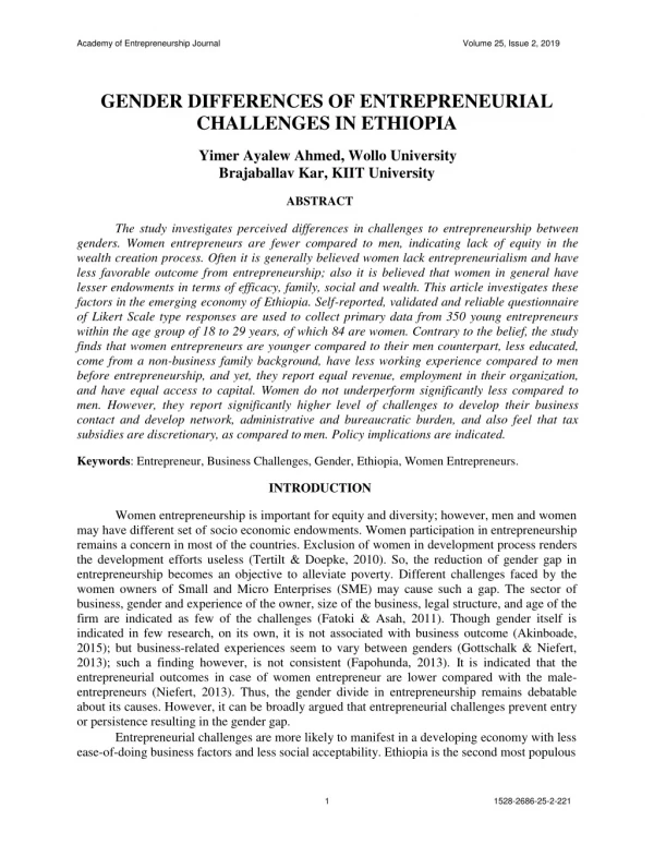 GENDER DIFFERENCES OF ENTREPRENEURIAL CHALLENGES IN ETHIOPIA