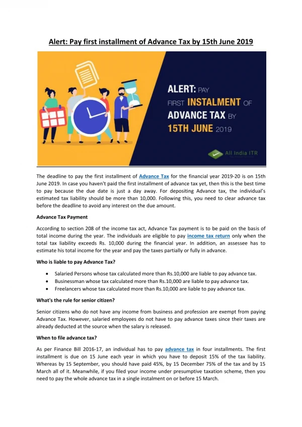 Alert: Pay first installment of Advance Tax by 15th June 2019